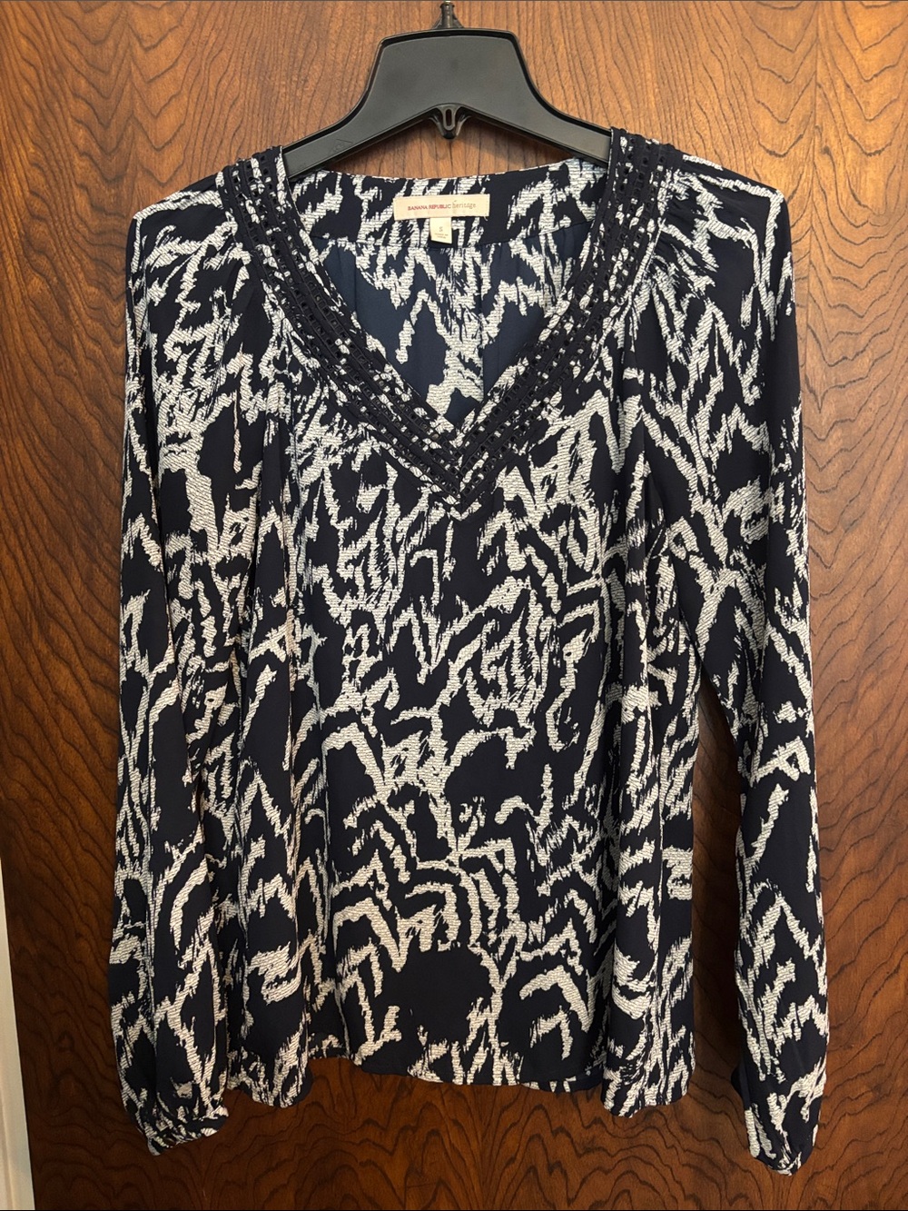 Banana Republic Navy and White Abstract V-Neck Blouse